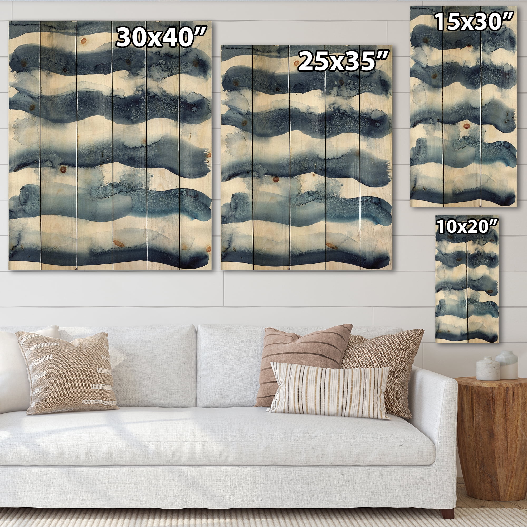 Designart 'Abstract Blue Classic Waves' Modern Print on Natural Pine Wood