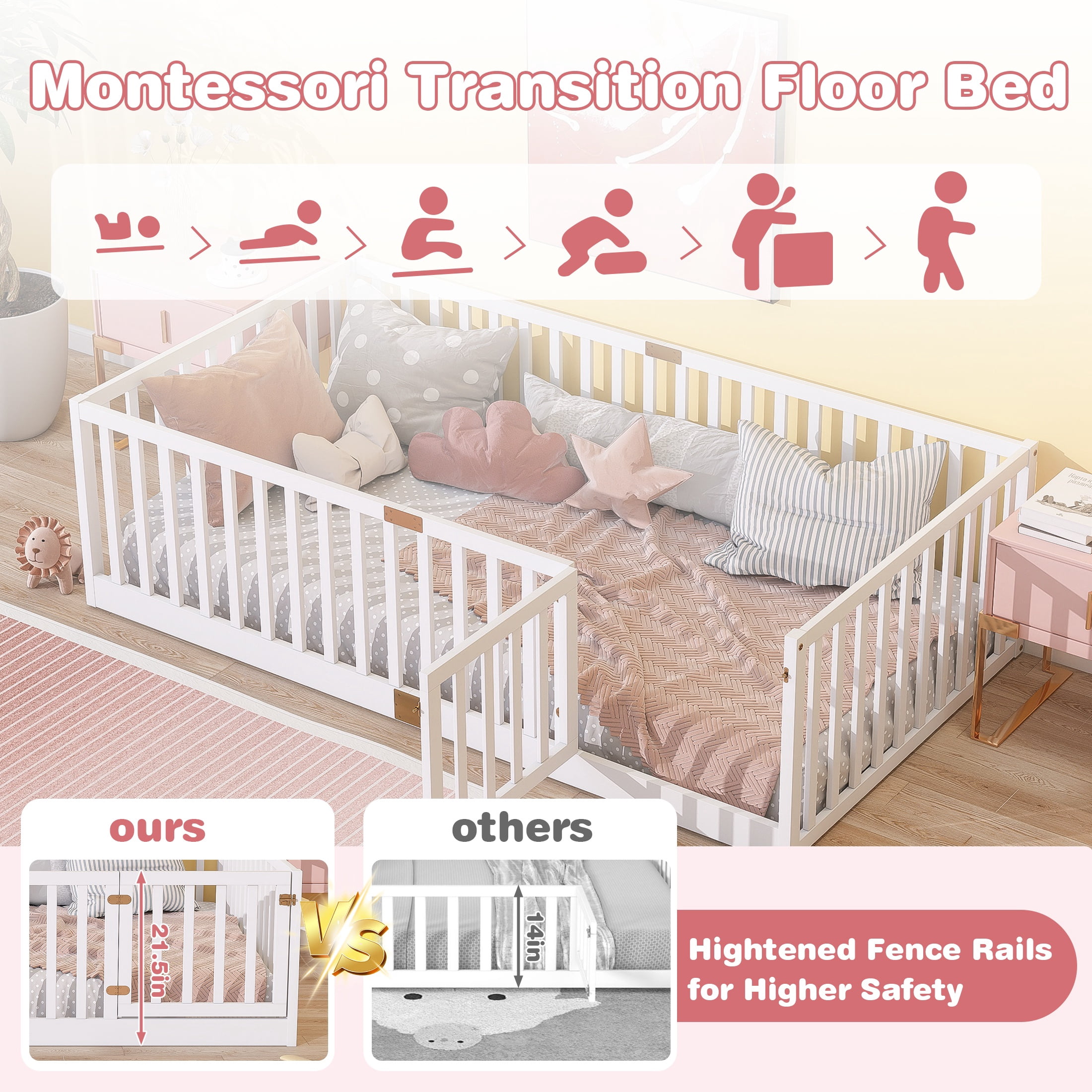 Sesslife Twin Size Floor Bed with High Fence & Door, Wood Twin Bed Frame with Salts and 21.5” Safety Guardrails, Twin Floor Bed for Boys Girls, No Box Spring Needed, White