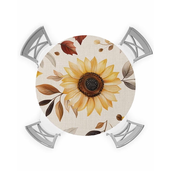 nqOlkjepod Sunflower Round Tablecloth, Fitted Table Cover with Elastic for 45"-54" Round Tables, Vintage Spring Floral Botanical Summer Table Cloth Outdoor Dinning Party Waterproof Tablecloths