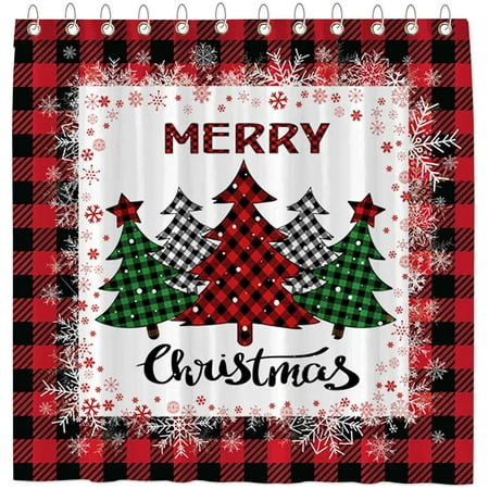 Newhomestyle Red Buffalo Check Plaid Merry Christmas Trees Shower Curtain for Bathroom Set Winter Xmas Farmhouse Home Bath Bathtub Decoration Durable Fabric Machine Washable 72 x 72 inches