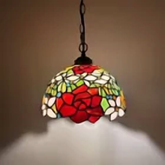 Tiffany Pendant Lights Fixture Red Orange Stained Glass Rose Flowers LED Bulb Included for Dining Room Hotel Restaurant Cafe 12"W*12"D*60"H