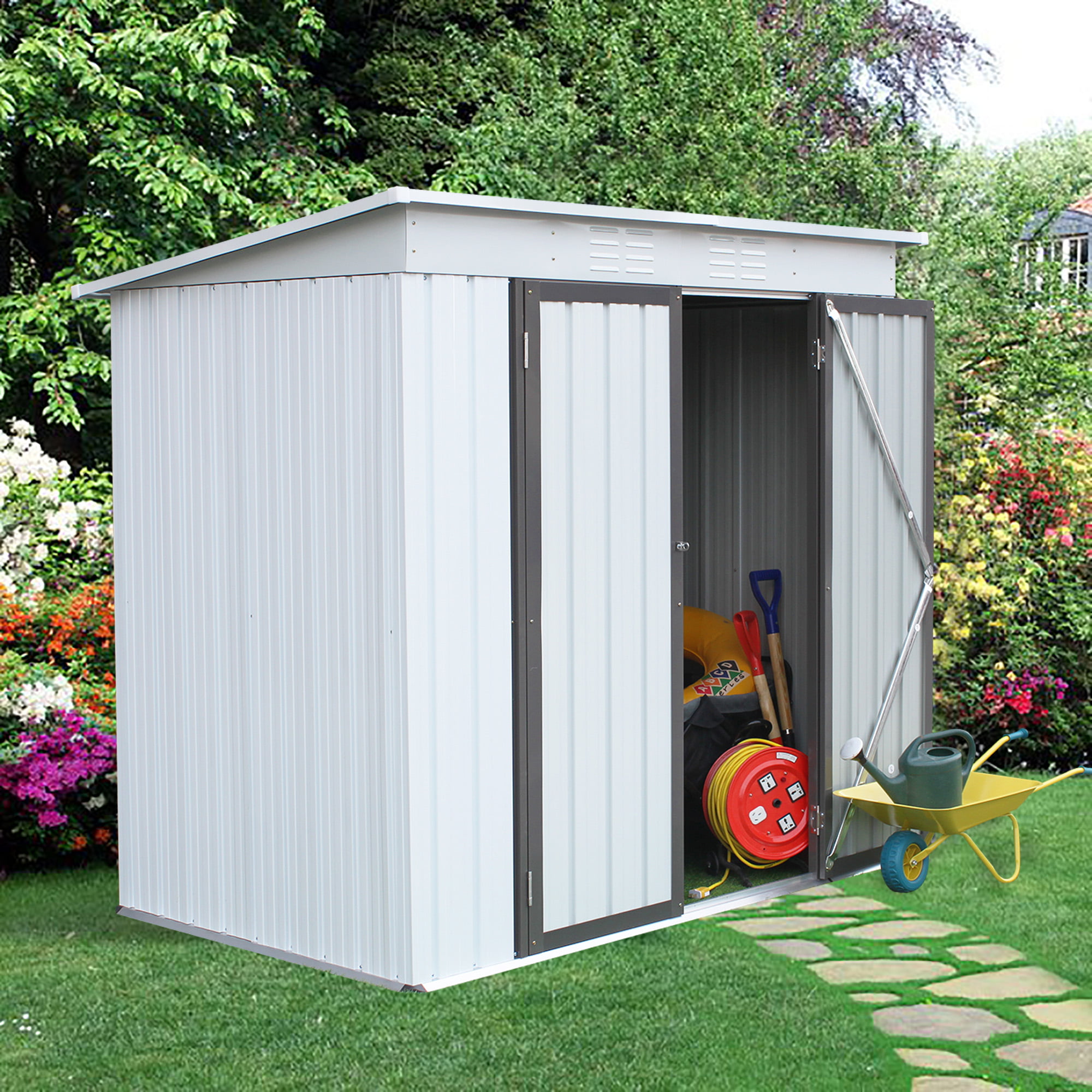 HYD-Parts Outdoor Storage Shed Steel 6x4 FT Outdoor Tool Storage Garden Shed W/Sloped Metal Roof 