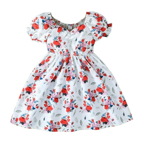 Jamsmile Toddler Girls Dress Summer Puff Sleeve Floral Print Princess Dresses casual children girls Vacation Beach Sundress