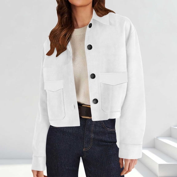 QUNYINEY Jackets Women White Lightweight Cropped Suede Shirts Jacket Slim Fit Long Sleeve with Pockets Turndown Collar Women Coat
