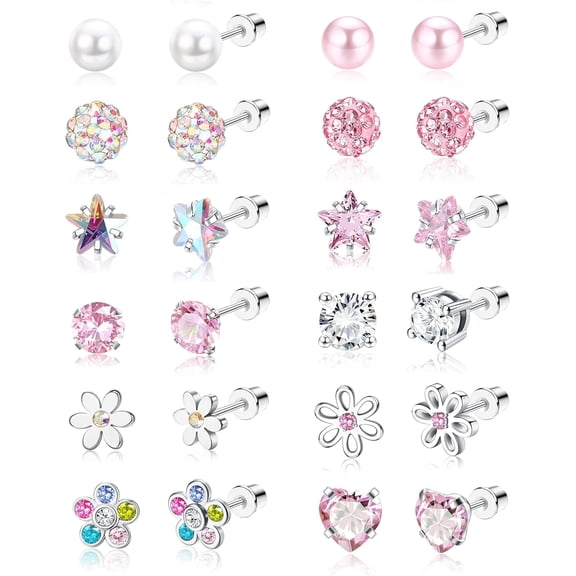 12 pairs of hypoallergenic screw-back earrings for women, made of surgical steel, cute heart-shaped CZ, flower, pearl ball, small screw-back studs