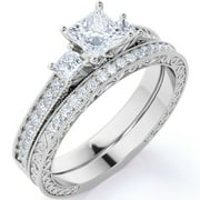 JeenMata 1.25 ct - Princess Cut Moissanite - Pave - Three Stone Ring - Victorian Style - Vintage Wedding Ring Set in 18K White Gold Plating for Women