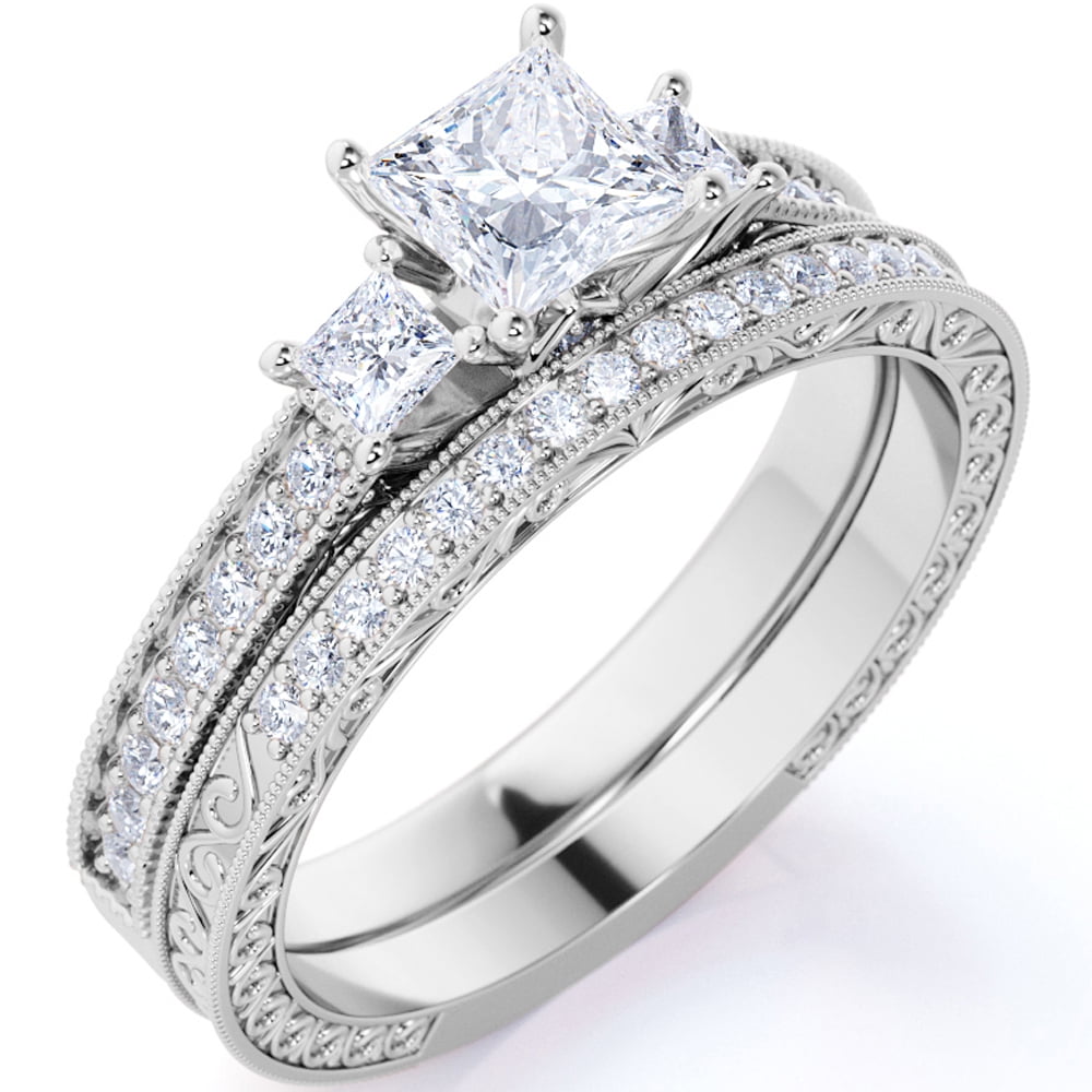 JeenMata 1.25 ct - Princess Cut Moissanite - Pave - Three Stone Ring - Victorian Style - Vintage Wedding Ring Set in 18K White Gold Plating for Women