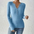 thumbnail image 2 of Htigea Women Long Sleeve Shirt Fall Tops V Neck Button Up Slim Fit Ribbed Knit Solid Color Casual Shirts Light Blue M, 2 of 8