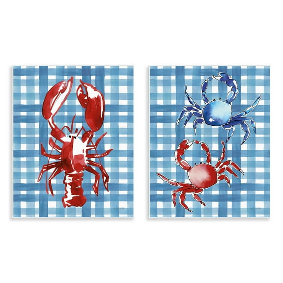 Stupell Industries Coastal Cuisines on Plaid Animals Painting Unframed Art Print Wall Art, 11 x 14, Set of 2