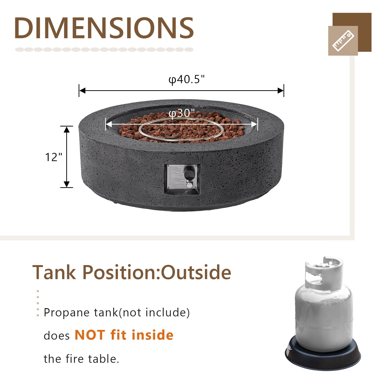 VENTOPYR 40.5" Outdoor Fire Pit Table,50000 BTU Propane w/ Concrete Base, Lava Rocks & Cove