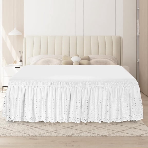 Queen Bed Skirt, Wrap-Around Elastic Ruffled Eyelet Bed Skirt Queen Size Dust Ruffle with Gathered Styling and Embroidered Details, 18" Drop Length (White)