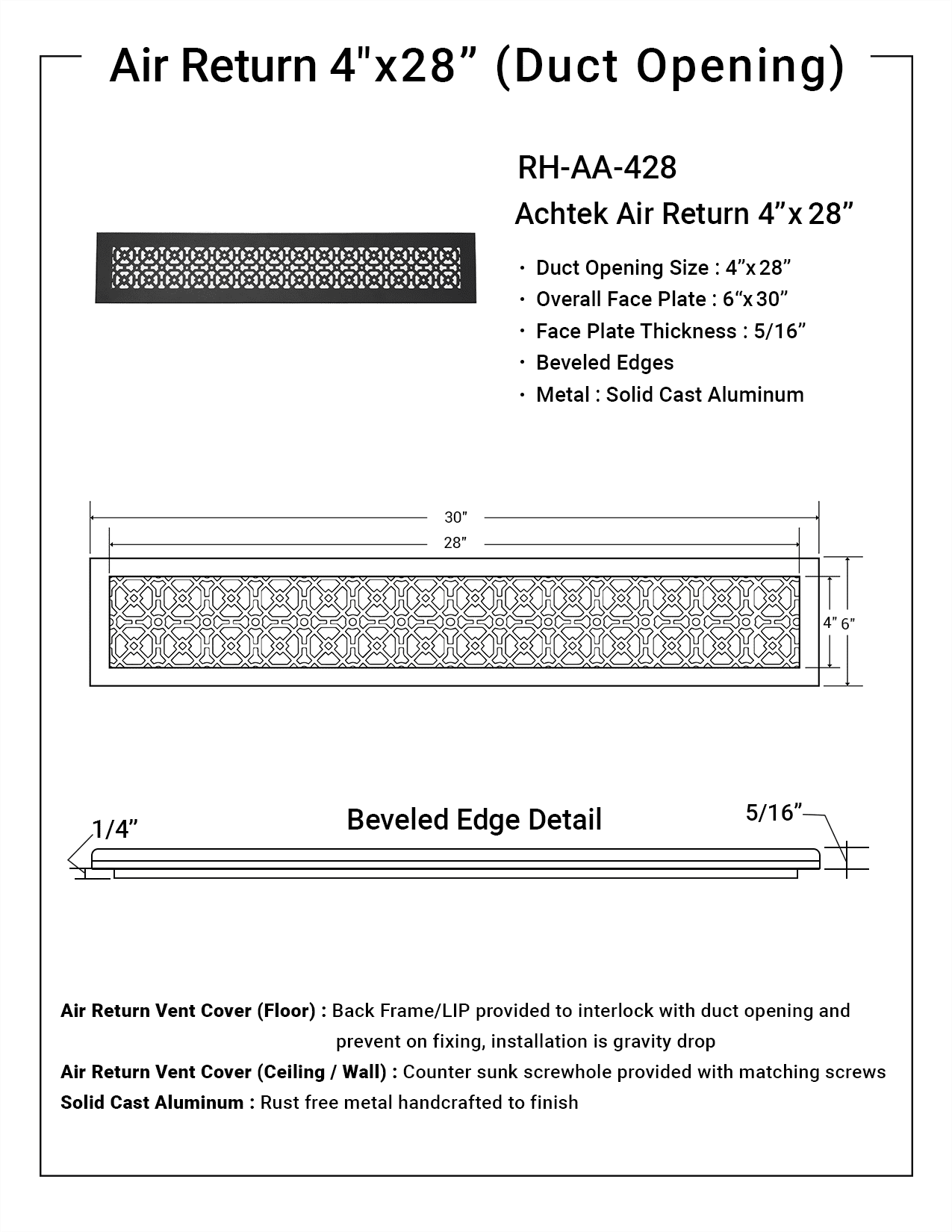 Achtek Air Return 4"x28" (Overall Size 6"x30") | Cast Aluminum Air Grille | HVAC Duct Cover for Home Ventilation