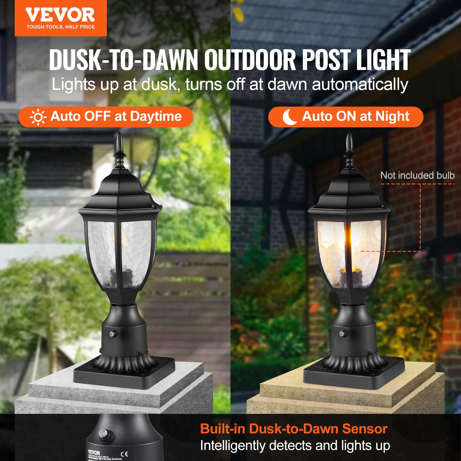 VEVOR 2 Pack Dusk to Dawn Outdoor Post Light, 15.35 in, Waterproof Lamp Post Light Fixtures with 3.5 in Pier Mount Base Glass Shade, Lightning-proof Exterior Pole Column Light