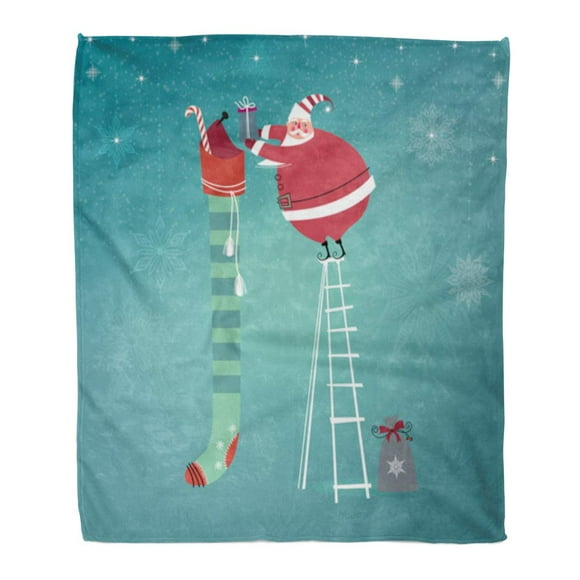 HATIART Throw Blanket 50x60 Inches Cute Santa Claus on Ladder Putting Into Extra Long Christmas Stocking Warm Flannel Soft Blanket for Couch Sofa Bed