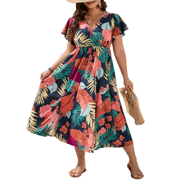 OYOANGLE Women's Plus Size Floral Print Wrap V Neck Dress Ruffled Short Sleeve Side Slit Flare Maxi Dresses Multicolor 1XL