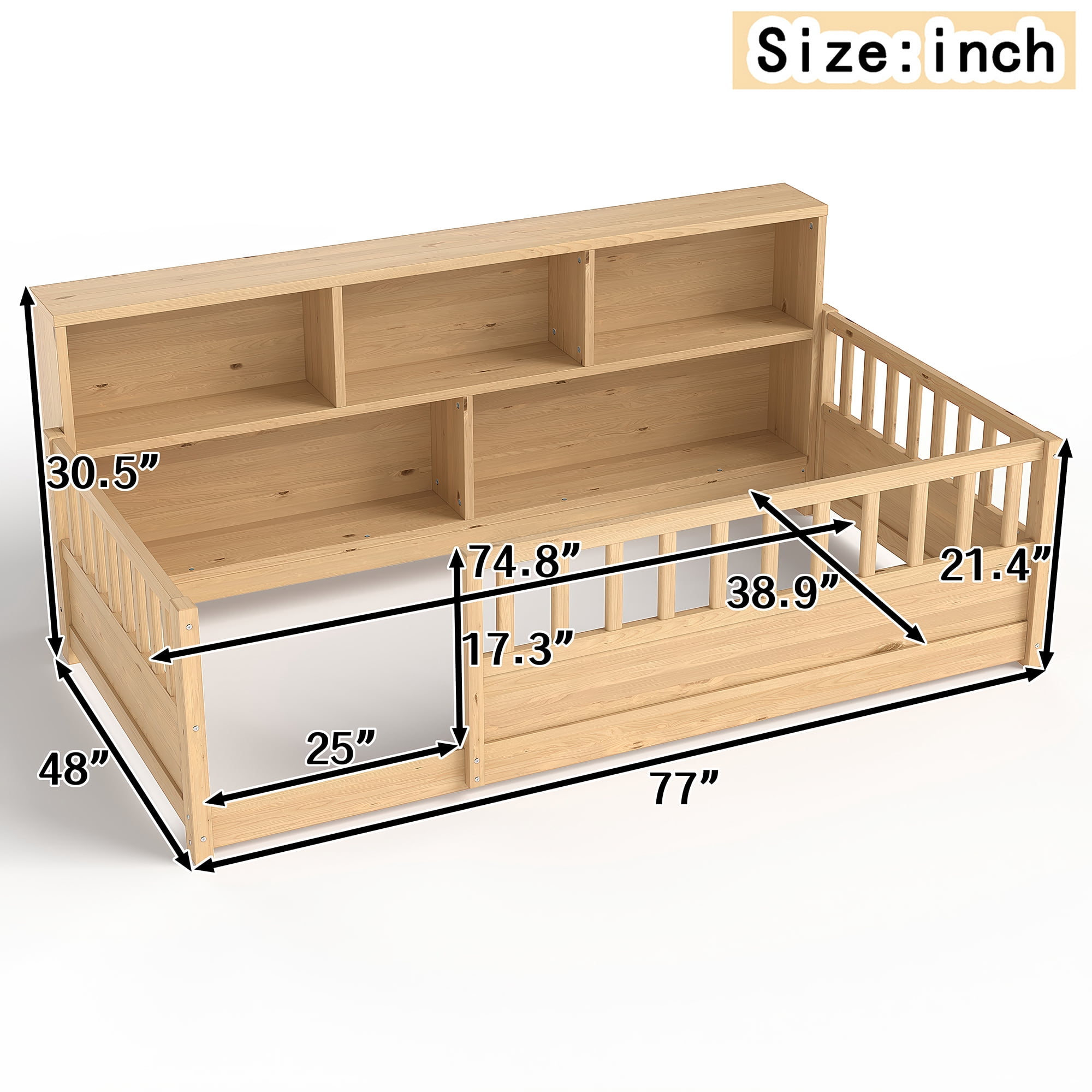 Miniyam Twin Size Wood Floor Bed with Guardrails, Storage & Bookshelf – Safe, Durable Design for Kids' Bedroom, Natural