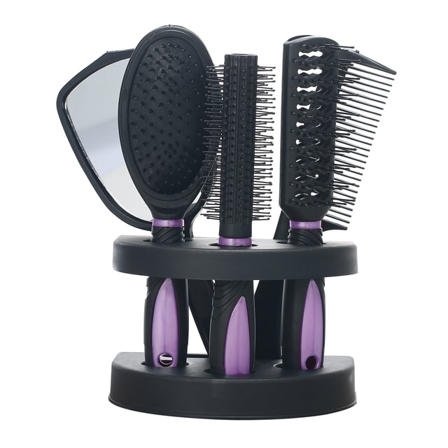 Plastic Hair Styling Tool Set for Home & Salon: 4 Combs (Flat,,Ribs,Curling), 1 Mirror, 1 Storage Base - Purple, Universal for Men & Women, Professional Hairdressing Kit with Organizer Stand