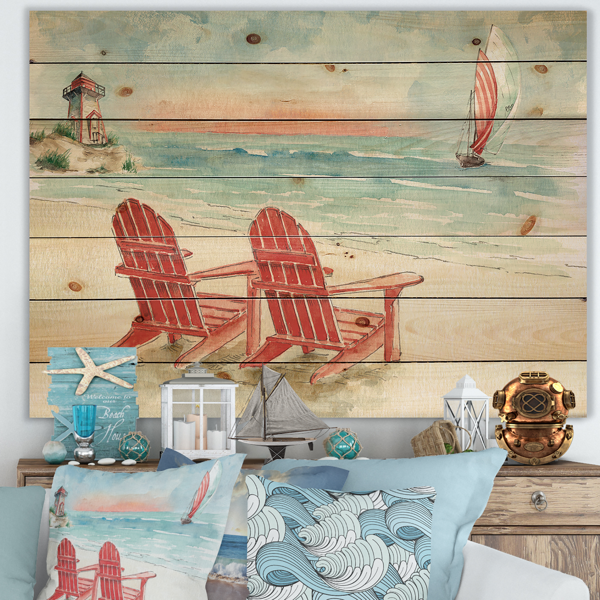 Designart 'Coastal Chair Relax Beach II' Nautical & Coastal Print on Natural Pine Wood