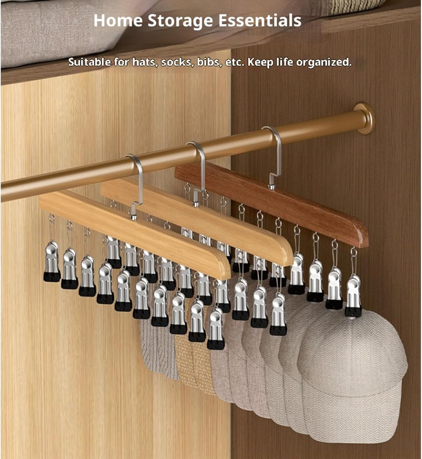 Closet Organizer with 10 Clips, Wooden Pants Hangers with 360° Rotating Hook, Space-Saving Hat Scarf Clothespins for Jeans Skirts Socks