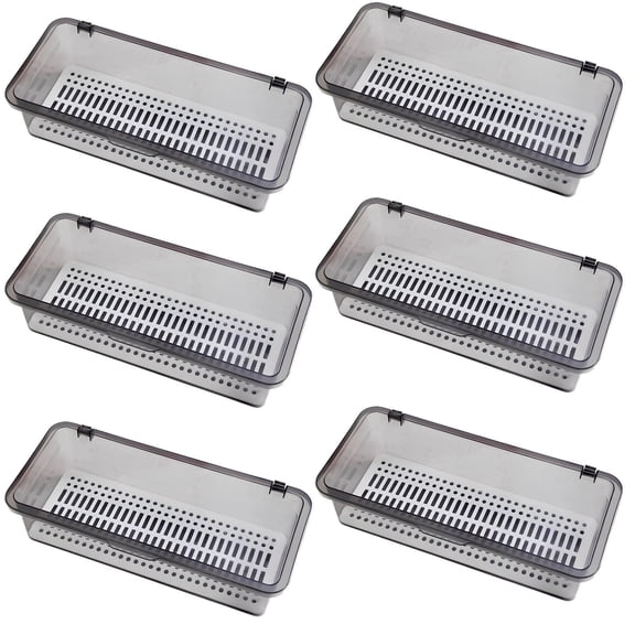 6 Pcs Flatware Tray with Lid and Drainer, 10.4 in Utensil Organizer with Lid, Silverware Drawer Organizer, Kitchen Cutlery Transparent Storage Box, Gray