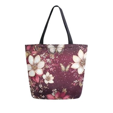 DIXRUYEE Tote Bag Women Weekender Travel Bag Shoulder Handbag Blossoms and Butterflies on Burgundy Printed