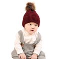 thumbnail image 1 of Gorro de punto de lana para bebé, gorro suave y cálido con pompón, color rojo vino, Otoño Invierno, 1 of 5