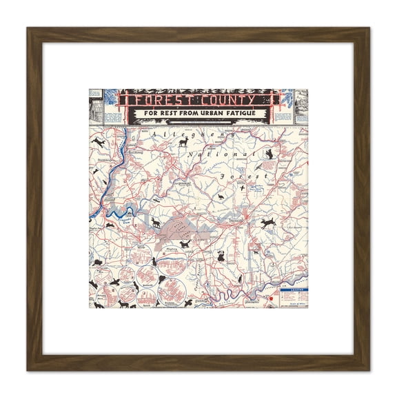 Map King 1957 Allegheny Forest Country 8X8 Inch Square Wooden Framed Wall Art Print Picture with Mount