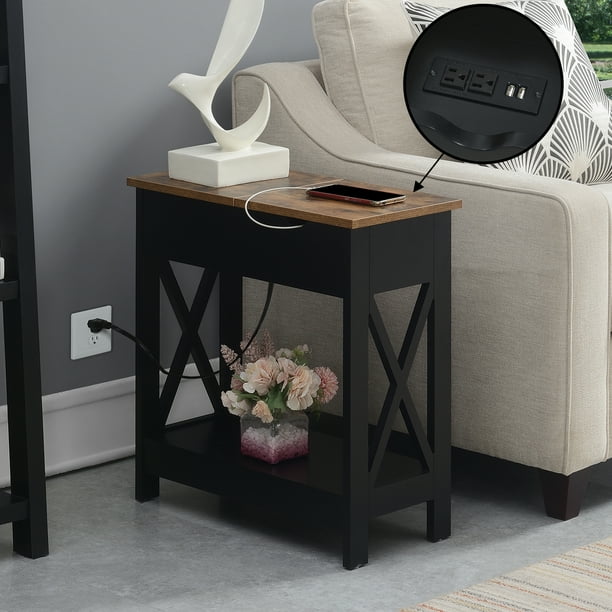 Convenience Concepts Oxford Flip Top End Table with Charging Station and Shelf, Barnwood/Black