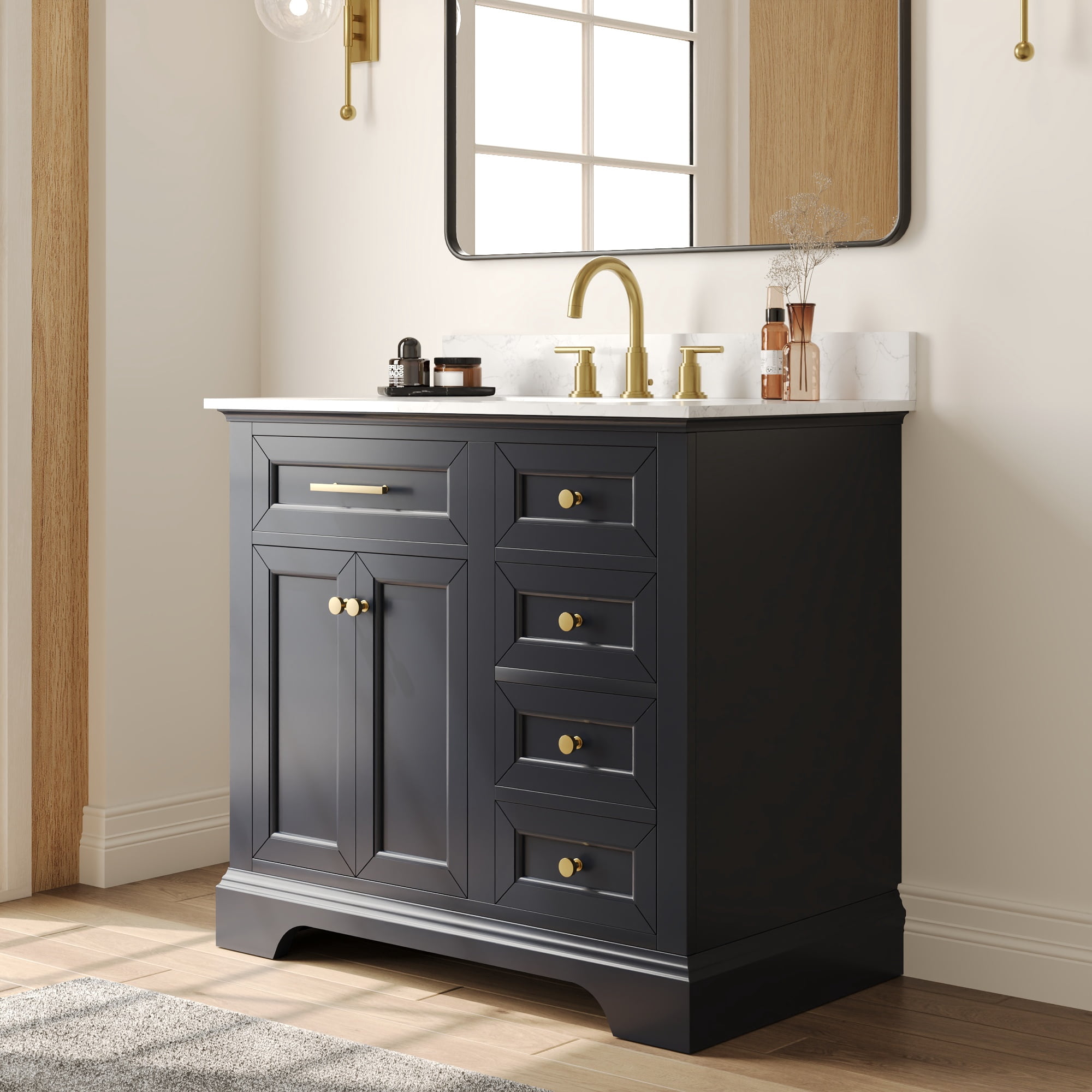 36" Bathroom Vanity Ceramic Sink Top with Backsplash, Pre-assembled Bathroom Cabinet Navy Blue