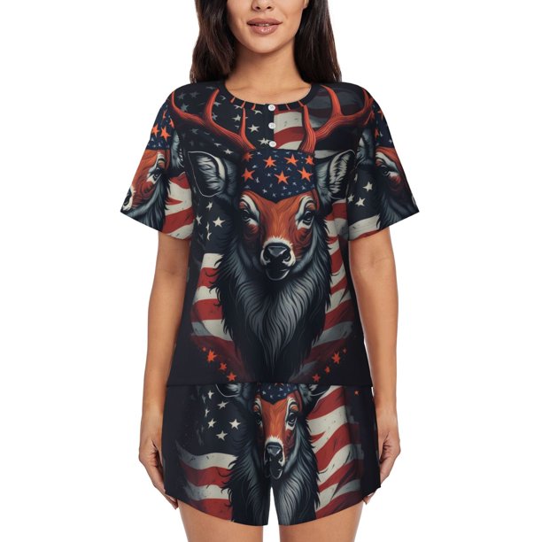 Balery Modern USA Deer Head Conjunto de Pijama para Mujer con Estampado, Dos Piezas de Manga Corta y Shorts, Ropa de Dormir Suave con Cuello Redondo y Bolsillos-3X-Large