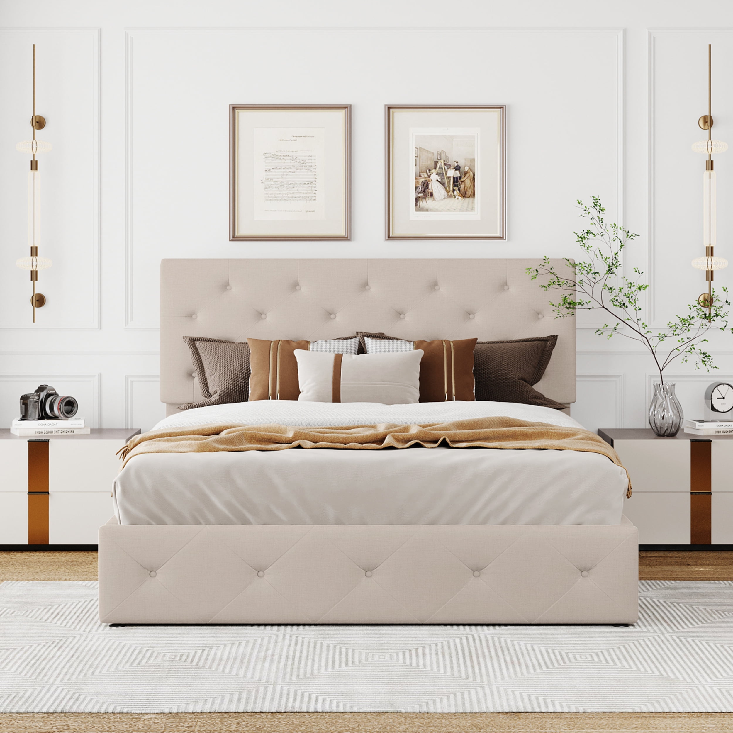 Queen Size Upholstered Platform Bed with a Hydraulic Storage System Beige