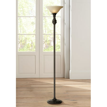 Regency Hill Traditional Torchiere Floor Lamp Hand Applied Black Bronze Swirl Font Amber Glass Shade for Living Room