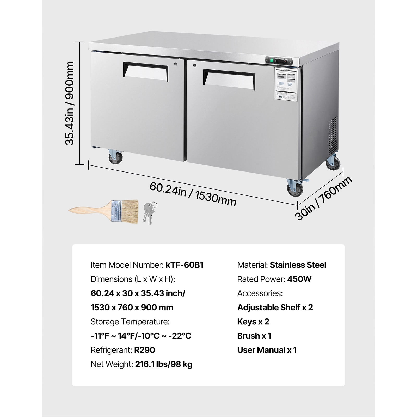 KFFKFF 60" W Commercial Freezer, 14.8 Cu.Ft Undercounter Freezing Unit with LED Lighting and Lockable Doors, 2-Door Stainless Steel Worktable with Casters for Food Storage and Preparation