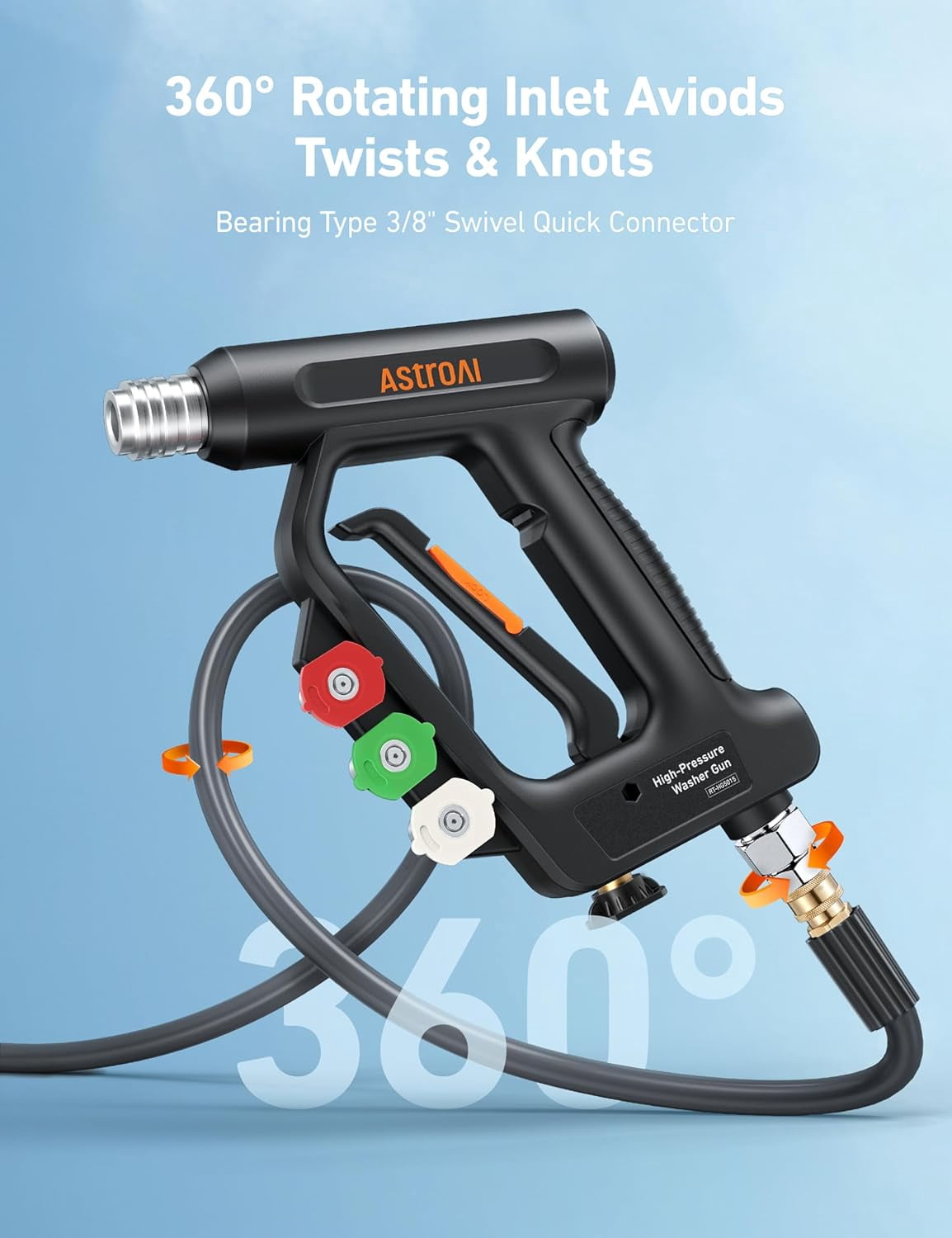 AstroAI Short Pressure Washer Gun with Swivel High Pressure Washer with 4 Nozzles and 3/8” Swivel Quick Connector - 4060PSI Max and Compatible, Black