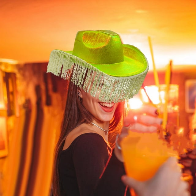 Sombrero de Occidental Sombrero de Vaquero Espacial Color Deslumbrante Sombrero de Jazz Panamá Decoración con Flecos Sombrero Rave Holográfico Amarillo Yinane Sombrero de vaquero
