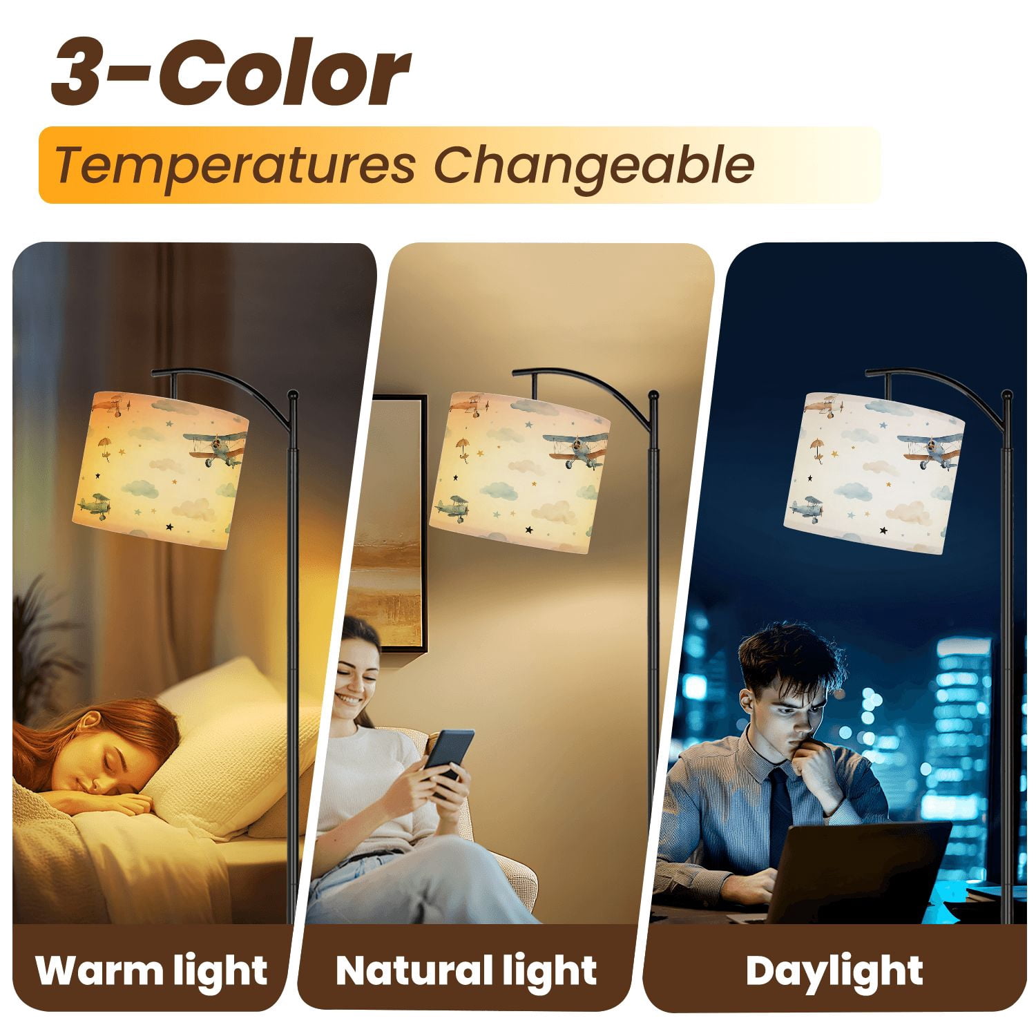 Arc Floor Lamp Cute kids watercolor for boy airplanes clouds Tall Modern Standing Lamp LED Adjustable Linen Lampshade 3 Color Temperatures