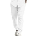 thumbnail image 2 of Pantalones largos para hombre, informales, con cintura elástica, a rayas, bolsillos, de algodón y lino, con paneles, 2 of 6