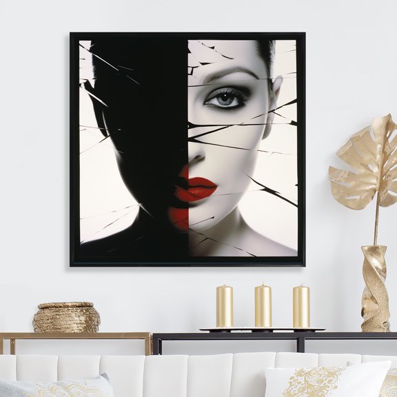 Designart "Collage Of Geometric Black And White Woman I" Fashion Woman Floater Framed Canvas Art Print