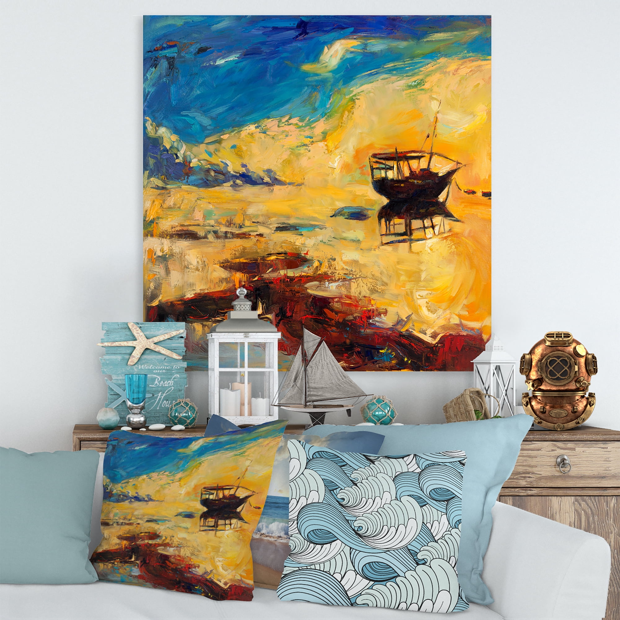 Designart ' Abstract Boat At The Ocean Horizon During Sunset ' Nautical & Coastal Canvas Wall Art Print