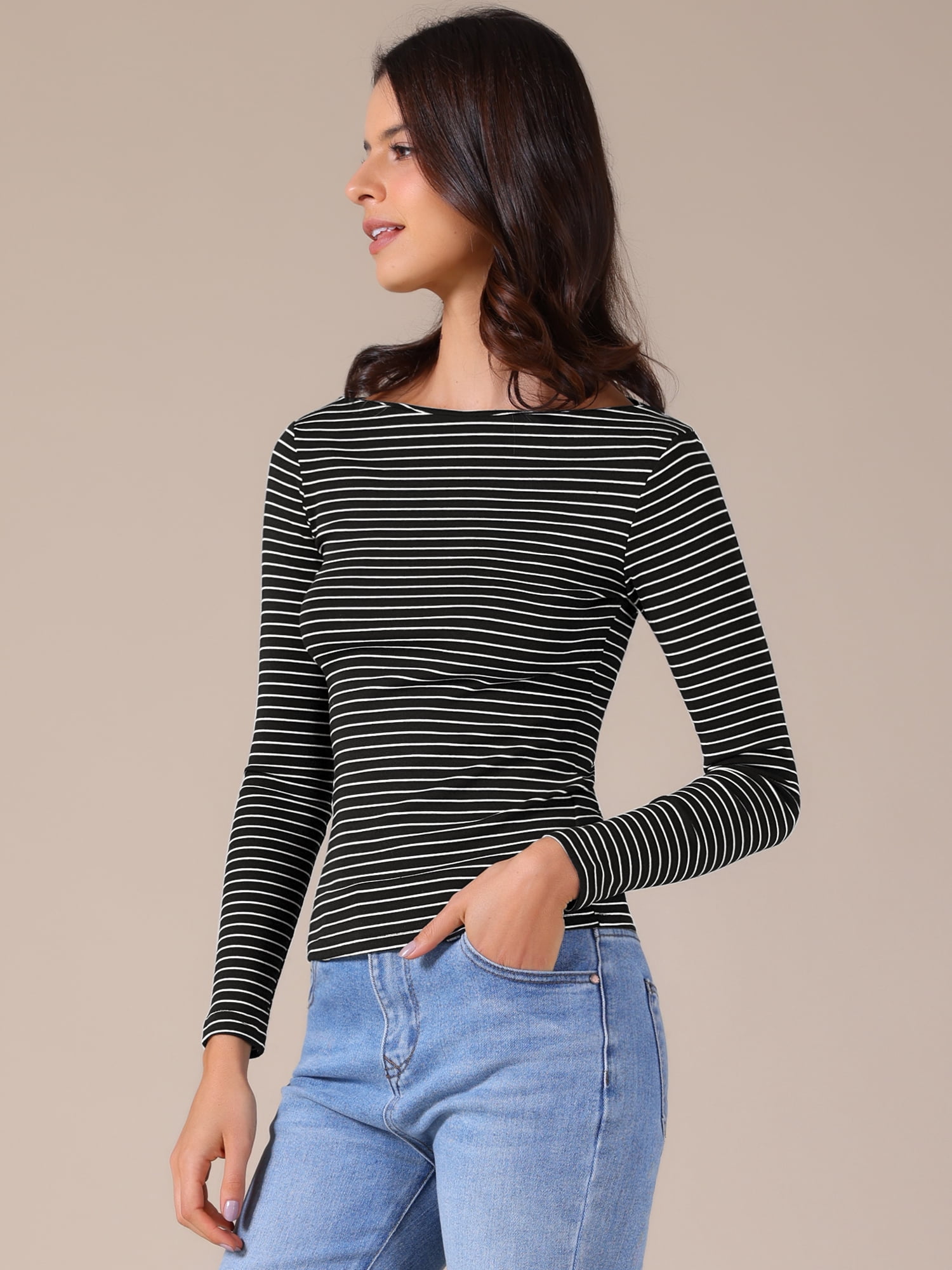 DARING DIVA Women's Striped Long Sleeve T-Shirt Boat Neck Basic Shirts XS Black