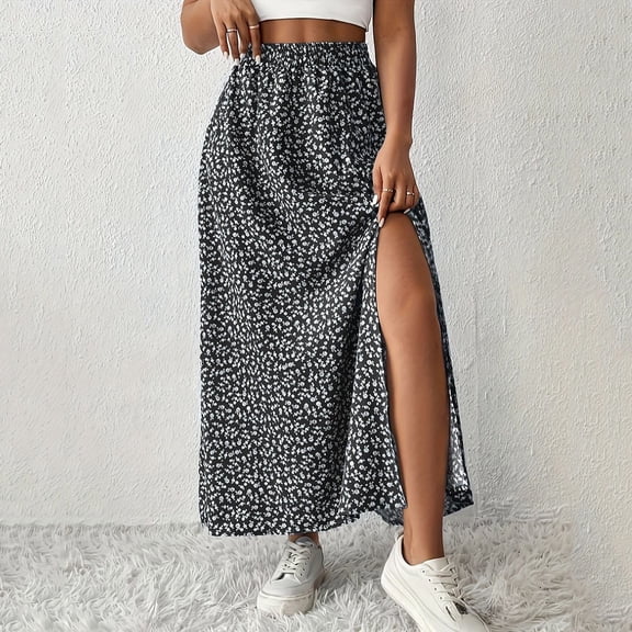 Qulqfy Womens Summer Maxi A-Line Long Skirts Boho Flowy Cute Elastic High Waist Black Skirt L