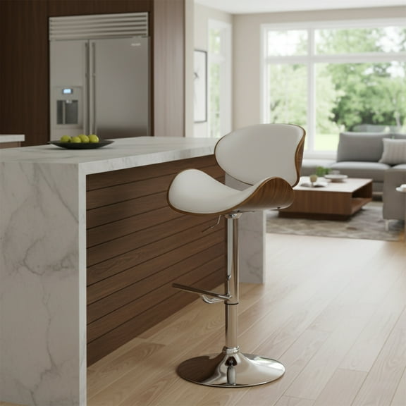 AC Pacific Modern Curved Framed Height Adjustable Swivel Metal Faux Leather Barstool Chair, 24"-32", White