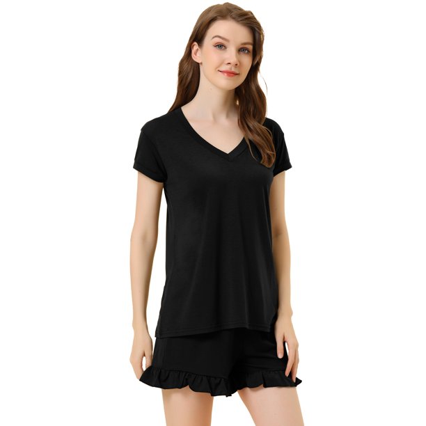 Pijamas de verano para mujer, camisetas y pantalones cortos de manga corta, conjuntos de salón para dormir Negro M