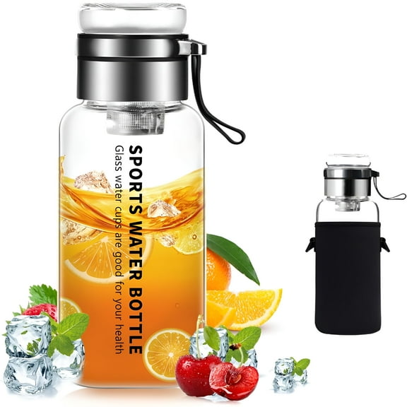 ACDANC 40oz Glass Water Bottles - Large, Clear, Borosilicate Glass Water Bottle with Stainless Tea Infuser - Cup-Function Lid, Neoprene Sleeve, Strap - Wide Mouth BPA free, for Tea, Beverages, Juice