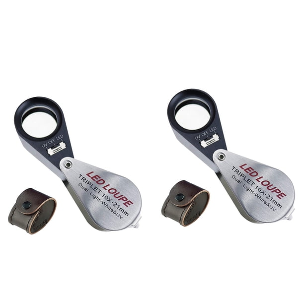 2piezas Lupa de Triplete de Lupa de Aumento de Joyero 10X con 6 LED de Luz Ultravioleta de 21 mm para Gemas, Joyas