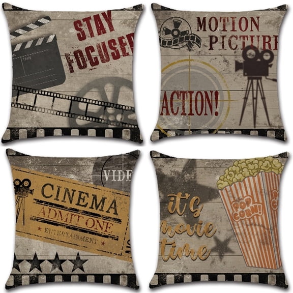 Vintage Movie & Cinema Pattern Style, Cotton Linen Fabric Decorative Indoor Outdoor  Throw Pillow Cover Set 18x18