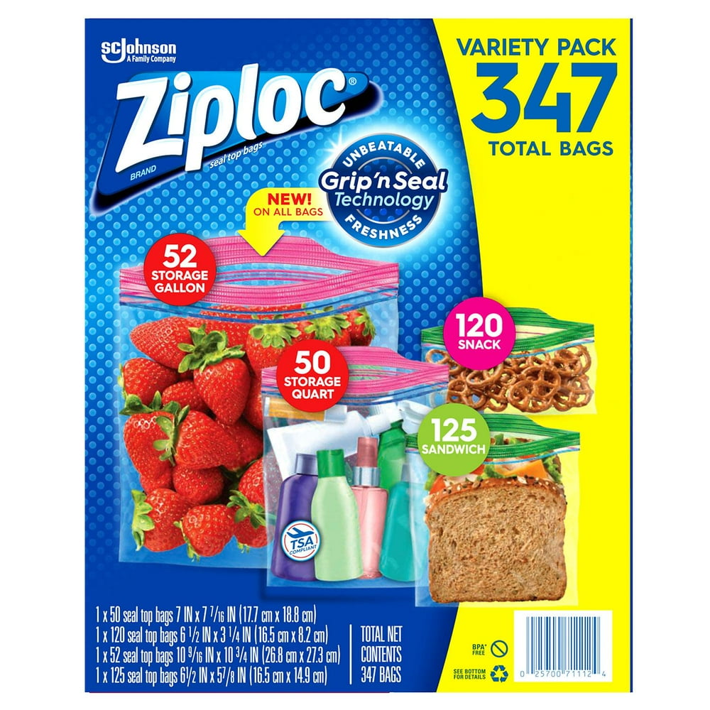 Ziploc Bags 52 Gallon, 50 Quart, 120 Snack, 125 Sandwich (347 ct