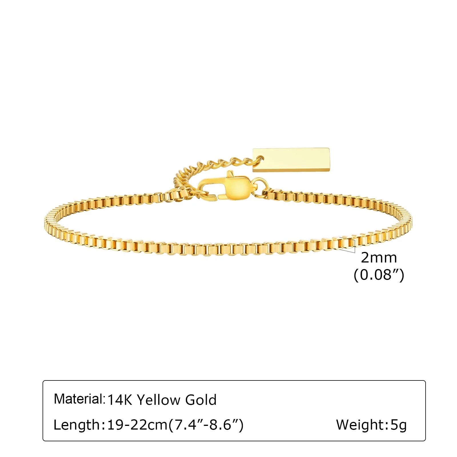 2MM Thin Box Chain 14K Yellow Gold Bracelets for Men Boys,Adjustable Personalized Creative Fashion Chain Links Wristband,Simple Jewelry Gift