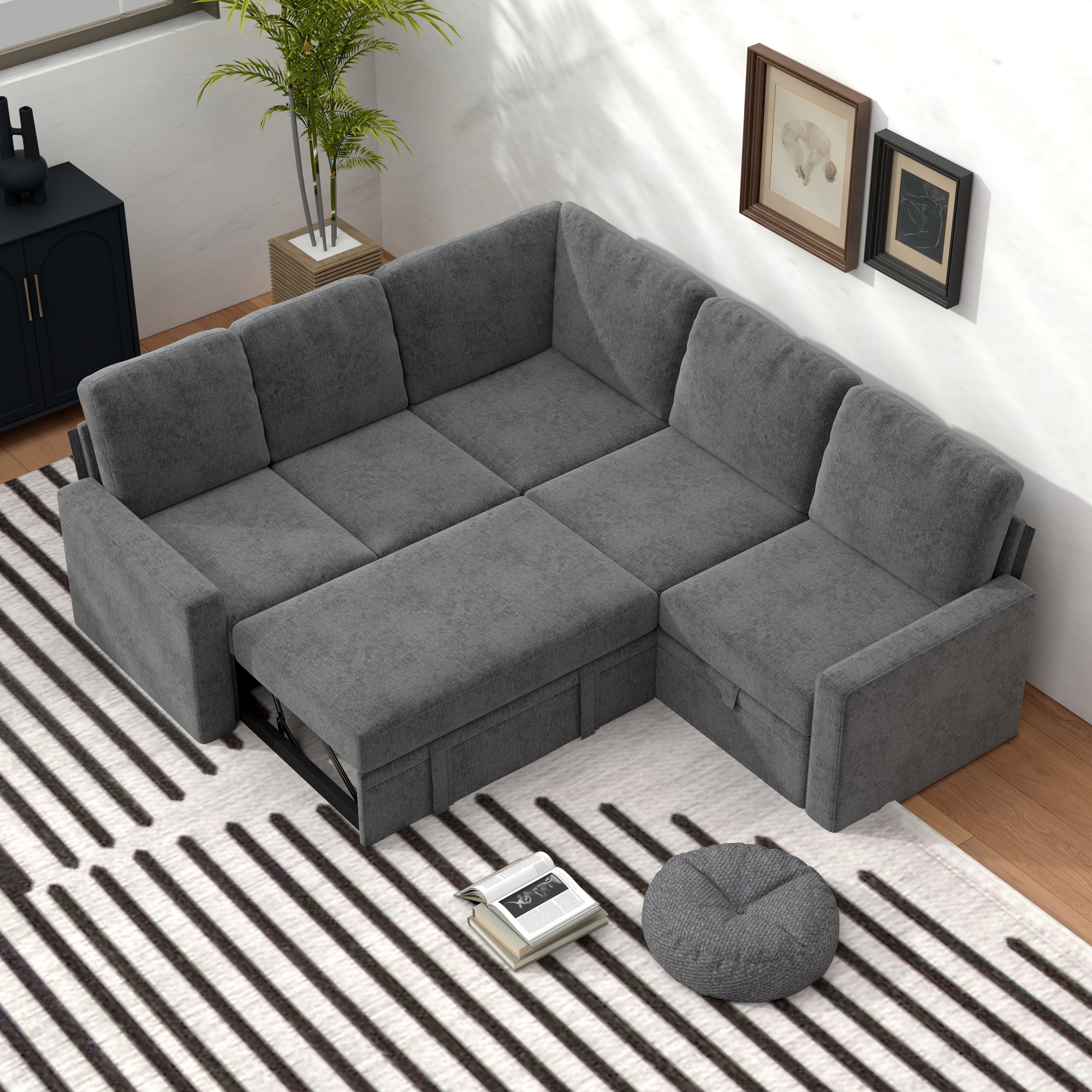 Gewnee 5-Seater Gray L-Shaped Convertible Sofa - Skin-Friendly & Wear-Resistant Chenille Fabric, Solid Wood Frame with Multifunctional Storage, for Living Rooms & Halls