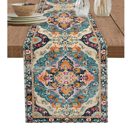 

Bohemia Flower Table Runner Colorful Vintage Abstract Geometric Tablerunners 14 x 72 Inch Table Decorations Tabletop Scarf for Summer Gathering Holiday Farmhouse Kitchen Dining Decor
